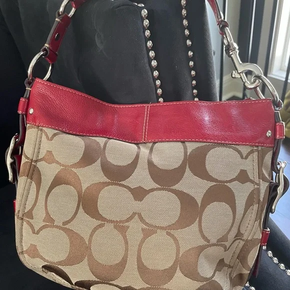 Coach saddle bag brown signature canvas; red leather trim - Picture 4 of 6